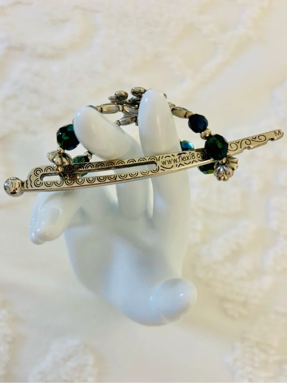 Lilla Rose Silver Teal Green Beaded Celtic Filigree Flexi Clip Hair Slide